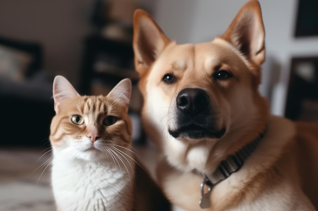 Een kat en een hond zitten bij elkaar