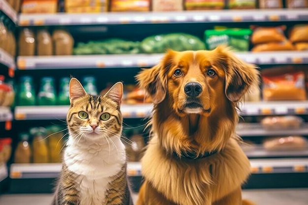 Foto een kat en een hond zitten in een kruidenierswinkel met een kruidenierswinkel erachter.