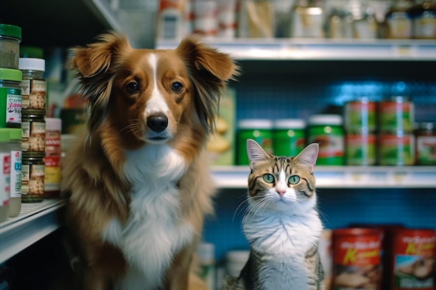 Foto een kat en een hond zitten samen op een plank.