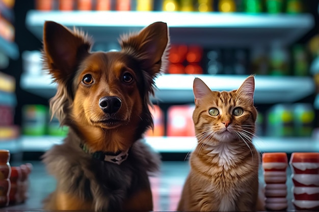 Een kat en een hond zitten voor een toonbank