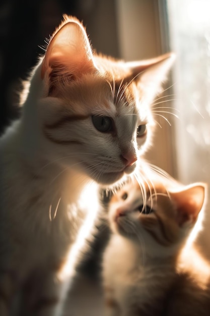 Een kat en een kitten kijken elkaar aan.