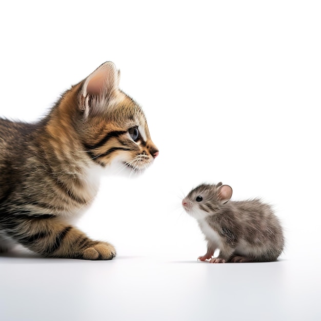 Een kat en een muis kijken naar elkaar.