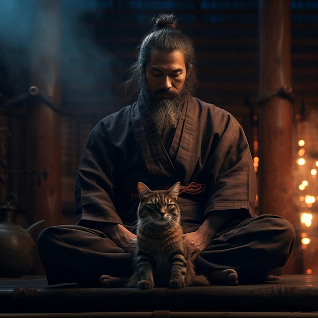 Foto een kat en een samurai die mediteren