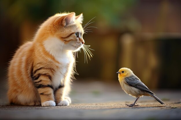 Een kat en een vogel zitten en kijken naar elkaar.