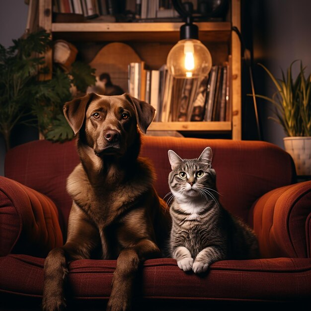 een kat en hond zitten op een rode bank voor een boekenkast