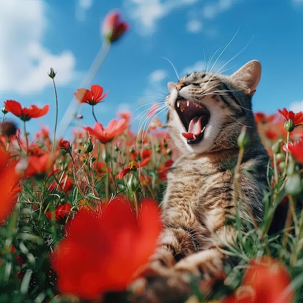 Een kat geeuwt in een veld van rode bloemen.