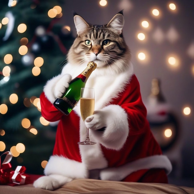 Een kat gekleed als de Kerstman.