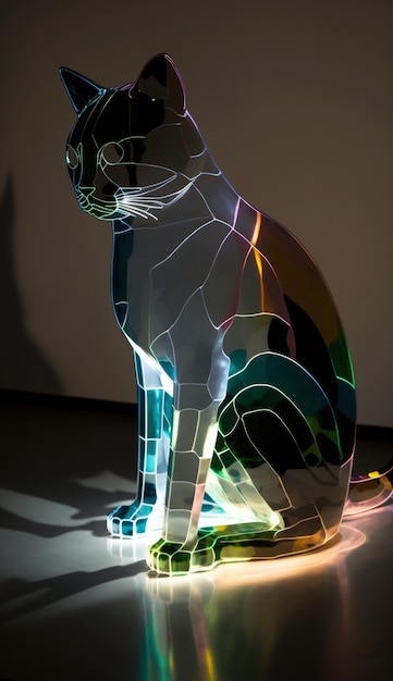 Foto een kat gemaakt van glas en regenboogkleuren wordt getoond.