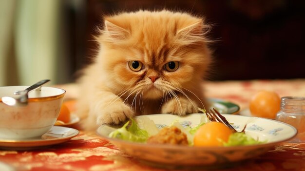 een kat geniet van het eten op de tafel