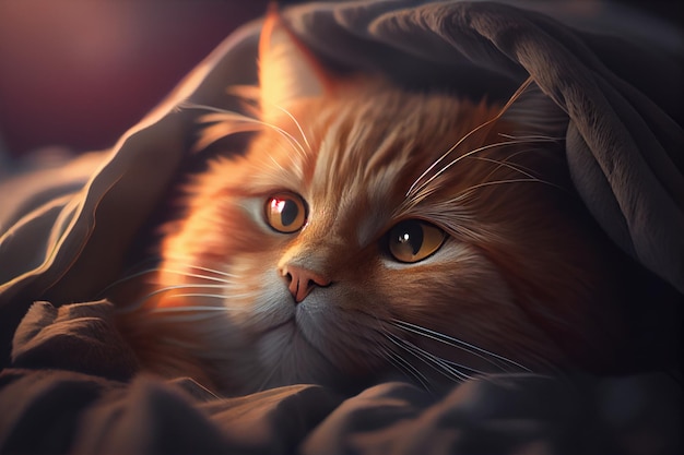 Een kat gewikkeld in een deken waar het licht op schijnt.