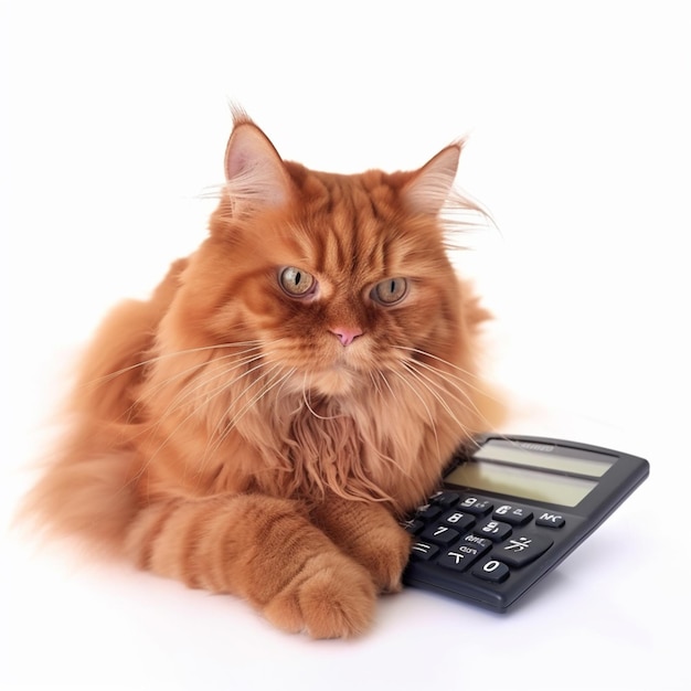 Een kat houdt een rekenmachine vast met de letter g erop.