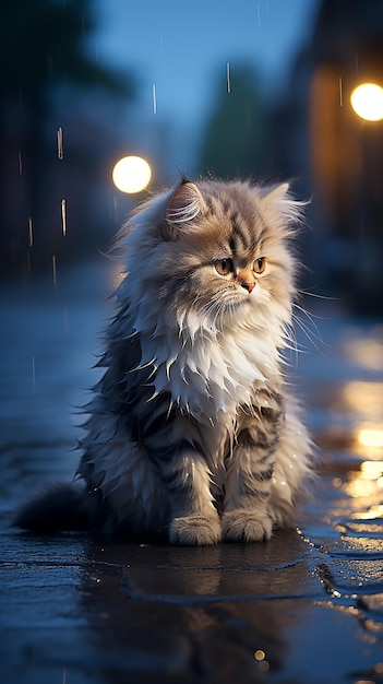 een kat in de regen met een straatverlichting op de achtergrond.