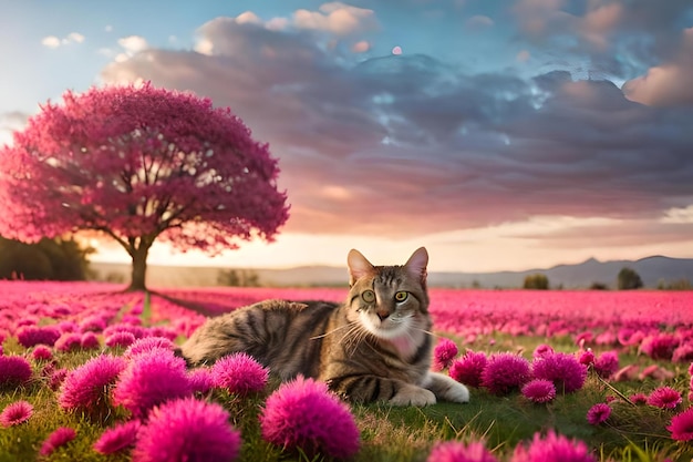 Een kat in een bloemenveld met een roze boom op de achtergrond