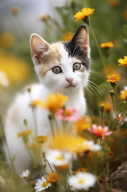 Een kat in een bloemenveld