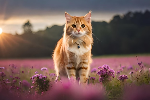 Een kat in een bloemenveld