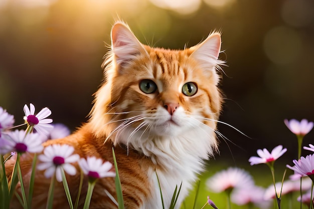 Een kat in een bloemenveld