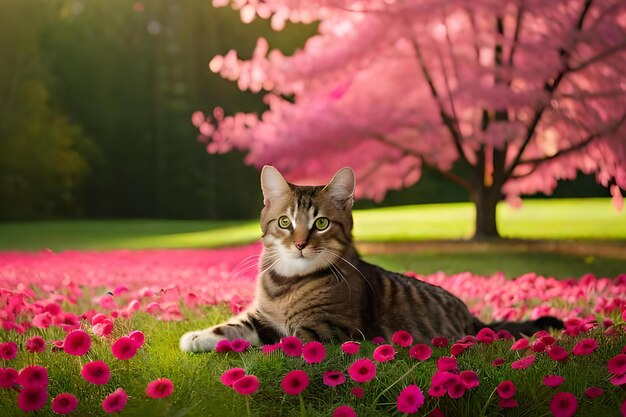 Een kat in een bloemenveld