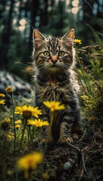 Een kat in een bloemenveld