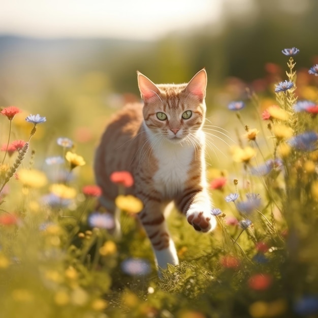 Een kat in een bloemenveld