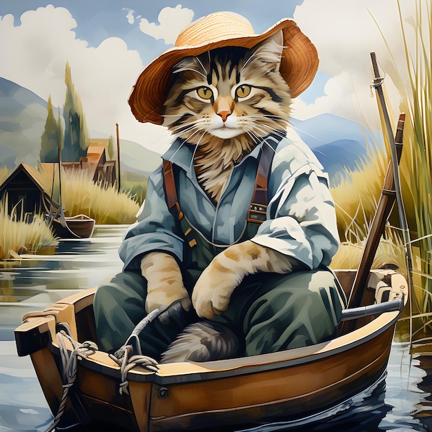 een kat in een boot met een hoed en een hoed die een klein stadje zegt