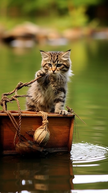 Een kat in een boot met een touw eraan vast