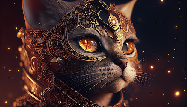 Een kat in een gouden masker met gloeiende ogen