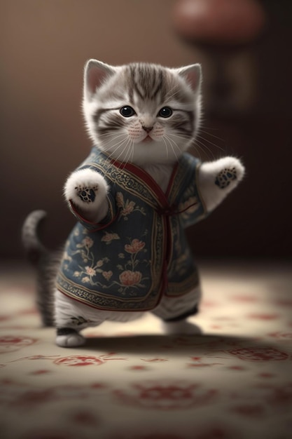 Een kat in een kimono met het woord kat erop