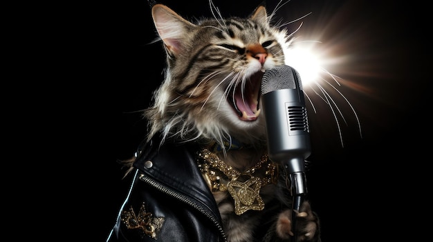 een kat in een leren jas zingt in een microfoon.