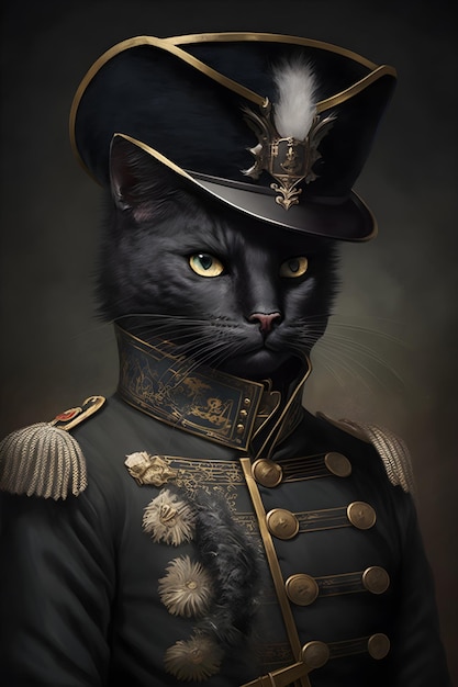 Een kat in een militair uniform met een gouden en witte kraag.