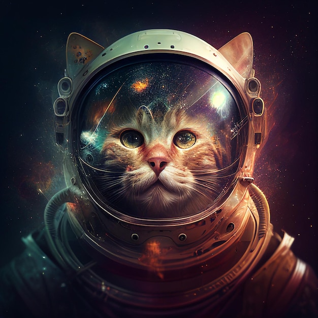 Een kat in een ruimtepak draagt een helm.