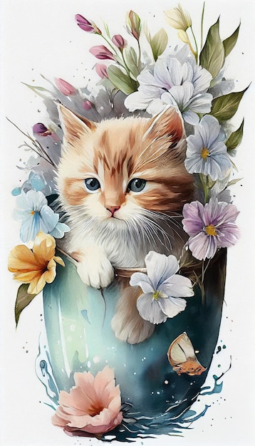 Foto een kat in een vaas met bloemen erop