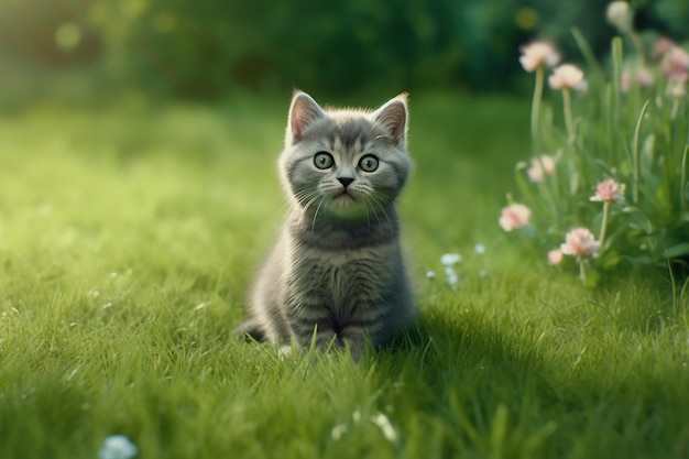 Een kat in het gras met bloemen op de achtergrond