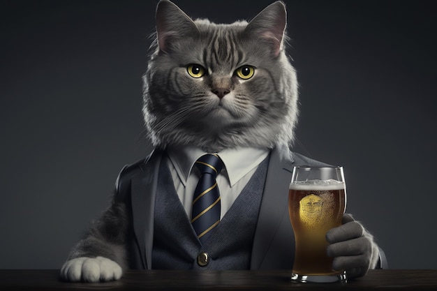 Een kat in pak houdt een glas bier vast