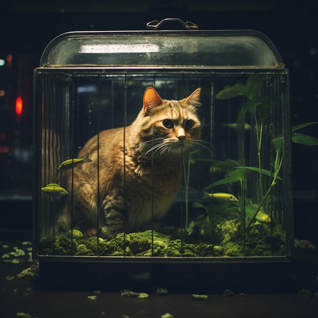 Een kat is opgesloten in een kooi en er is visvoer buiten de kooi donkergroen en beige donker