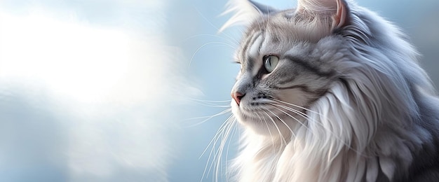 Een kat kijkt in de verte tegen een grijze achtergrond die ruimte biedt voor een reclameproject of ontwerp met huisdieren