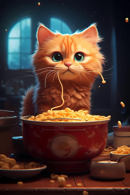 een kat kijkt naar een bord spaghetti