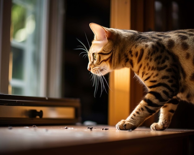 een kat kijkt naar een stuk voedsel op een tafel.