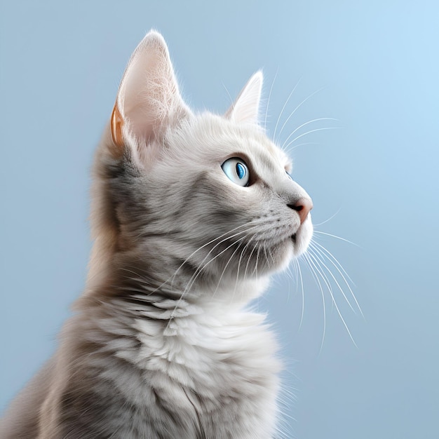 een kat kijkt op met een blauwe achtergrond