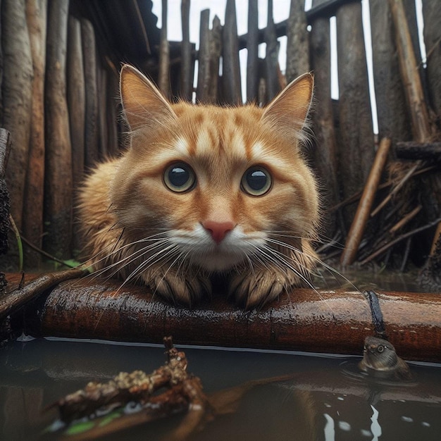 een kat kijkt uit een plas water.