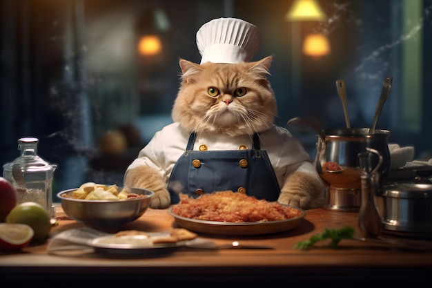 Een kat kookt in een restaurant.