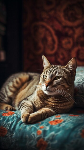 Een kat ligt op een bed met een rood en oranje bloemenpatroon.