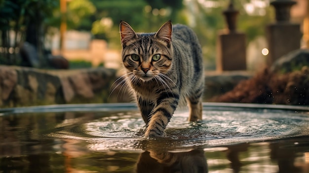 een kat loopt in een fontein en kijkt naar de camera.