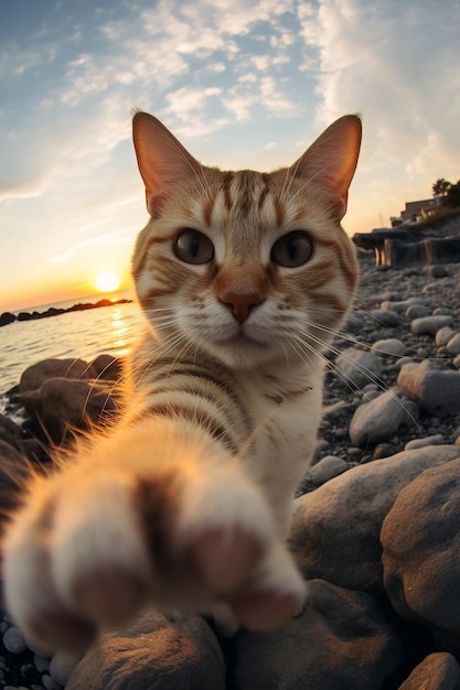 Een kat maakt een selfie bij zonsondergang op het strand.