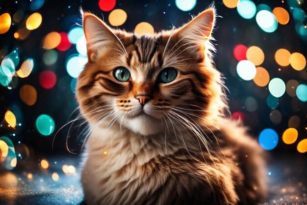 een kat met blauwe ogen zit voor een kerstboom