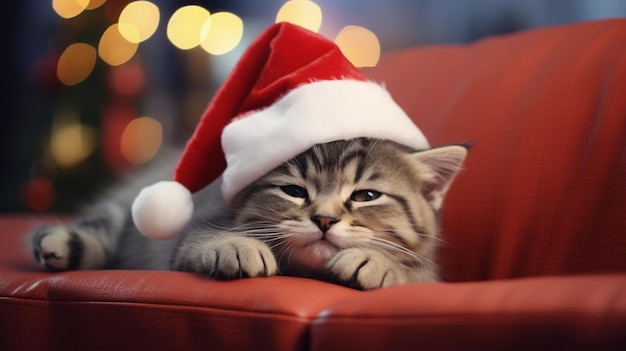 Een kat met de hoed van de kerstman.