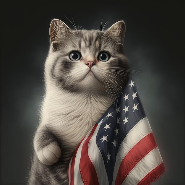 Een kat met een Amerikaanse vlag die ons zegt