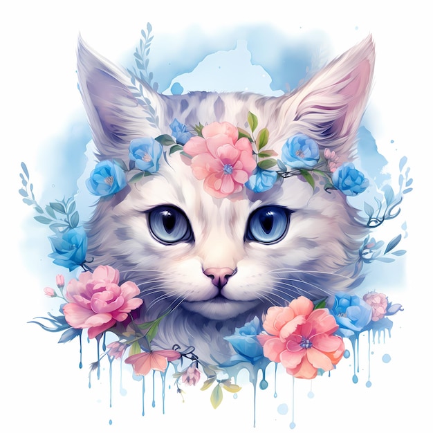 een kat met een blauwe kop en bloemen erop