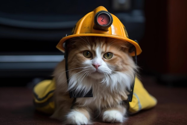 Een kat met een brandweermuts zit op een tafel
