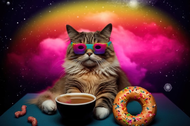 Een kat met een bril en een donut naast een kopje koffie.