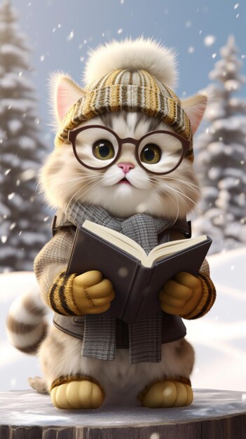 Een kat met een bril en een hoed die een boek leest.